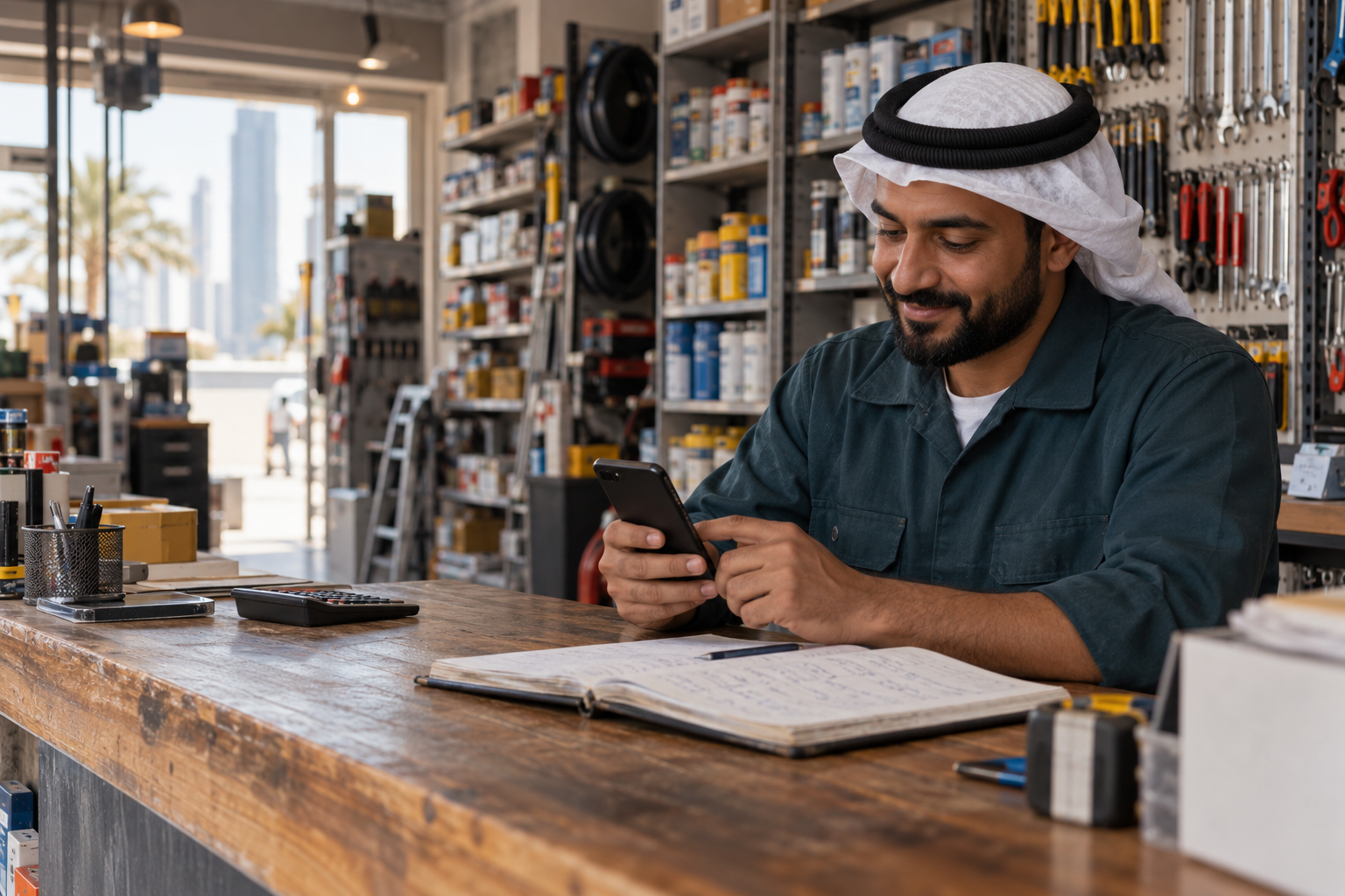 A small business owner using a phone beside an invoice book at a shop counter